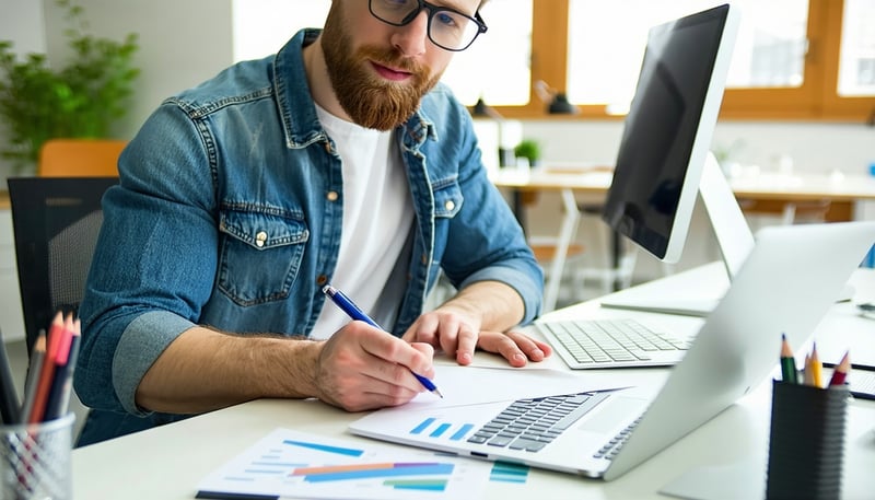 Professional copywriter drafting business emails at a desk